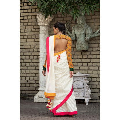 Nikasha White Woven Saree With Stitched Blouse