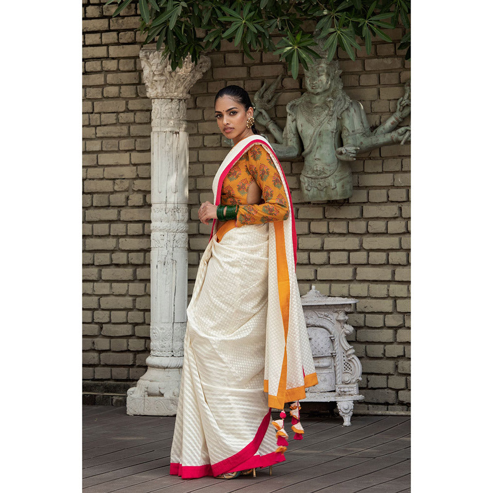 Nikasha White Woven Saree With Stitched Blouse