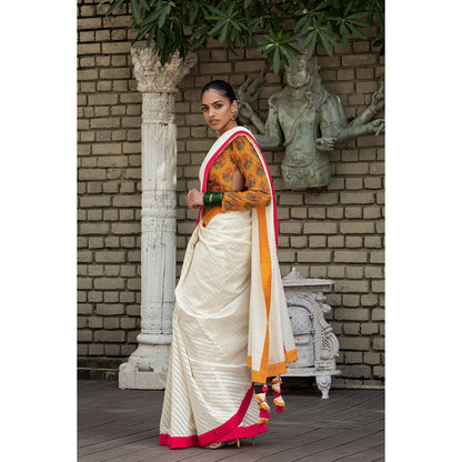 Nikasha White Woven Saree With Stitched Blouse