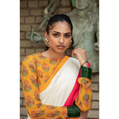 Nikasha White Woven Saree With Stitched Blouse