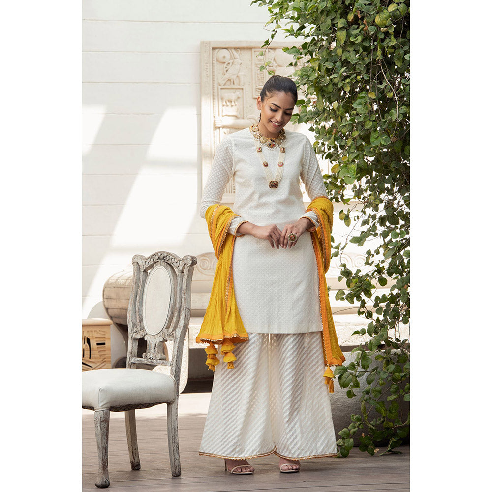 Nikasha White Woven Kurta With Palazzo & Dupatta (Set of 3)