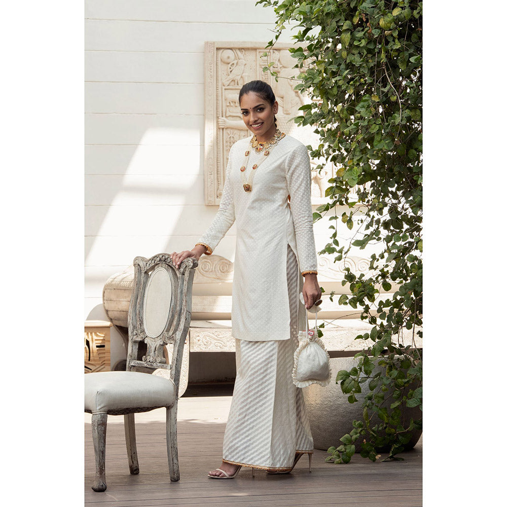 Nikasha White Woven Kurta With Palazzo & Dupatta (Set of 3)