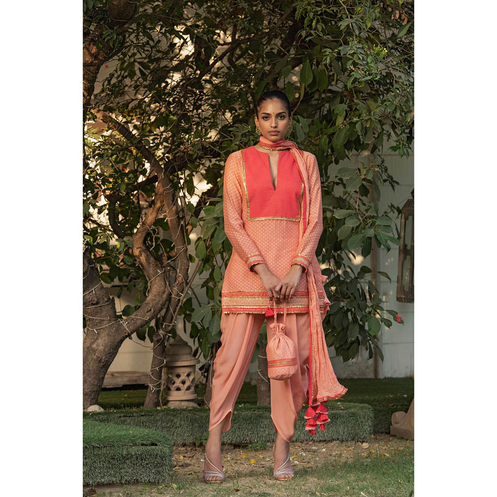 Nikasha Peach Gota Work Kurta With Dhoti Pants & Dupatta (Set of 3)