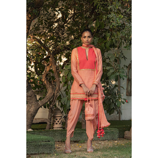 Nikasha Peach Gota Work Kurta With Dhoti Pants & Dupatta (Set of 3)