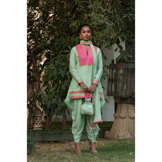 Nikasha Green Gota Work Kurta With Dhoti Pants & Dupatta (Set of 3)