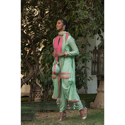 Nikasha Green Gota Work Kurta With Dhoti Pants & Dupatta (Set of 3)