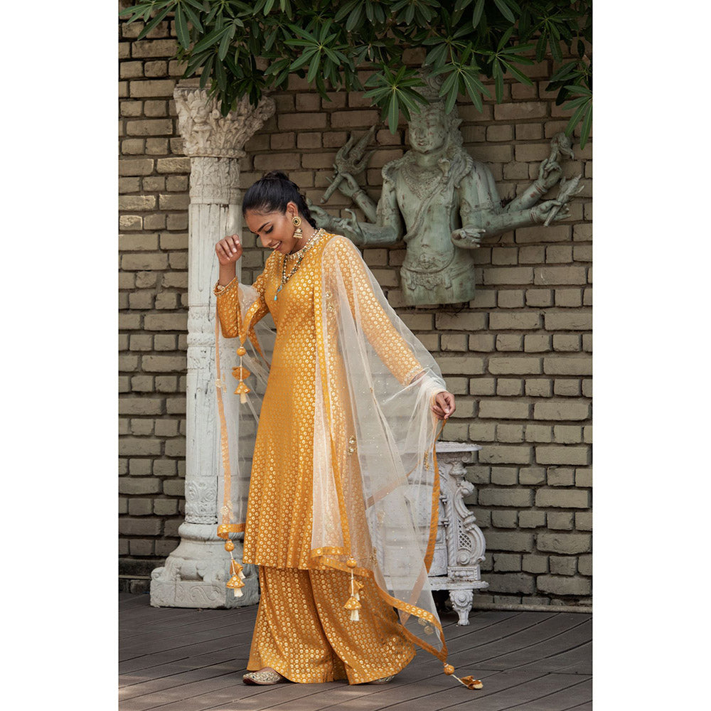 Nikasha Mustard Printed Kurta With Palazzo & Dupatta (Set of 3)