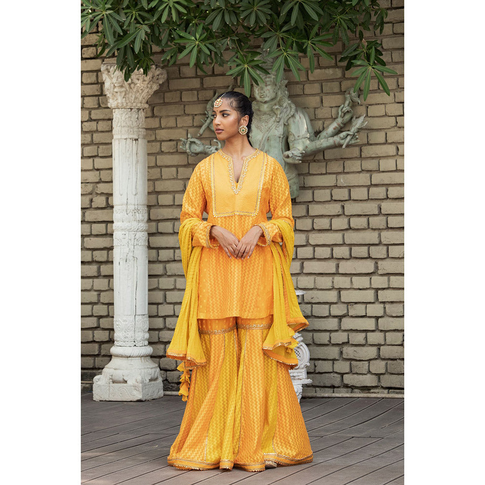 Nikasha Yellow Woven Kurta With Sharara Pants & Dupatta (Set of 3)