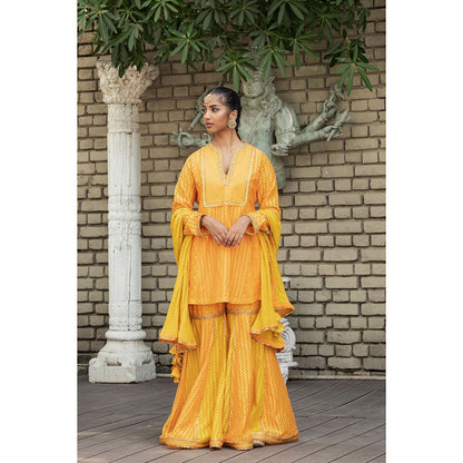 Nikasha Yellow Woven Kurta With Sharara Pants & Dupatta (Set of 3)