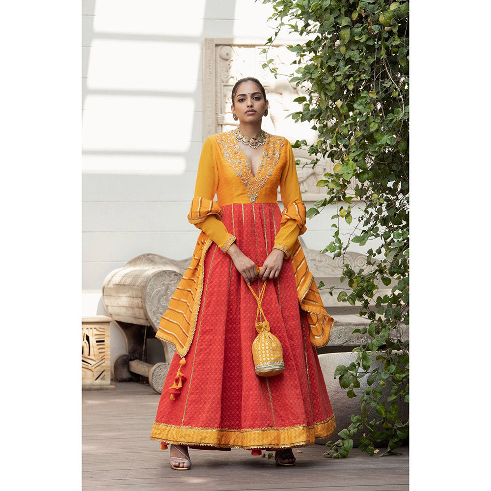 Nikasha Red Embroidered Anarkali Kurta With Churidar & Dupatta (Set of 3)