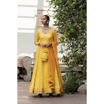 Nikasha Yellow Printed Anarkali Kurta With Churidar & Dupatta (Set of 3)