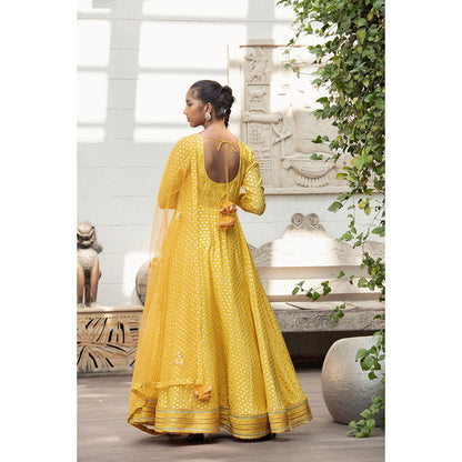 Nikasha Yellow Printed Anarkali Kurta With Churidar & Dupatta (Set of 3)