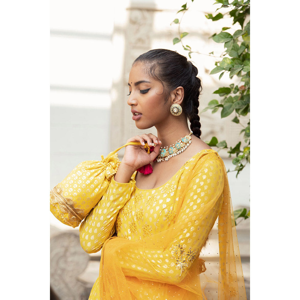 Nikasha Yellow Printed Anarkali Kurta With Churidar & Dupatta (Set of 3)