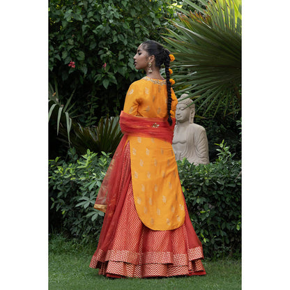 Nikasha Yellow Printed Kurta With Lehenga & Dupatta (Set of 3)