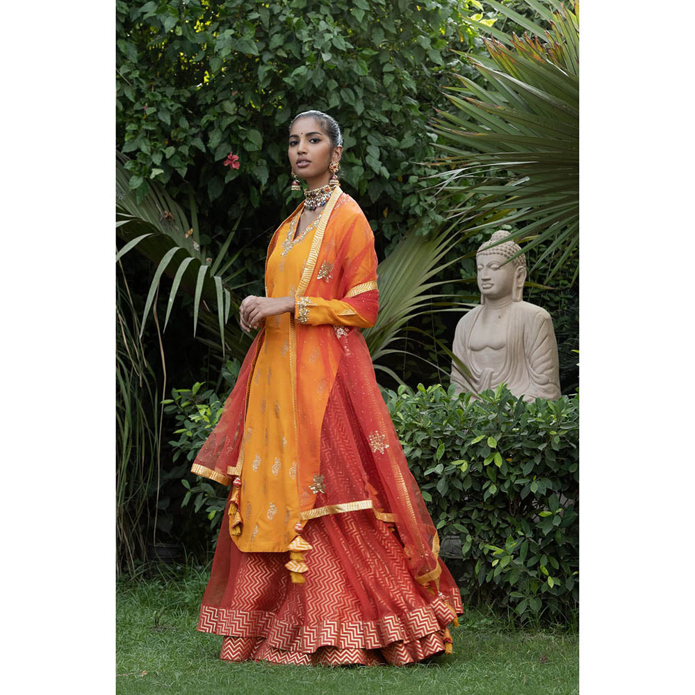 Nikasha Yellow Printed Kurta With Lehenga & Dupatta (Set of 3)