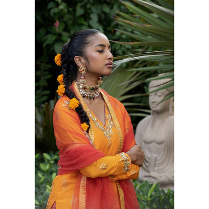 Nikasha Yellow Printed Kurta With Lehenga & Dupatta (Set of 3)