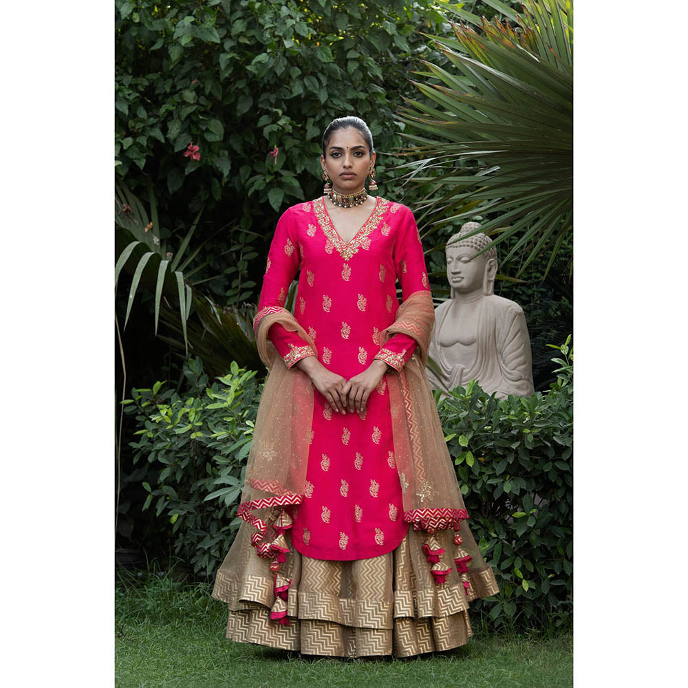 Nikasha Pink Printed Kurta With Lehenga & Dupatta (Set of 3)