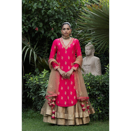 Nikasha Pink Printed Kurta With Lehenga & Dupatta (Set of 3)
