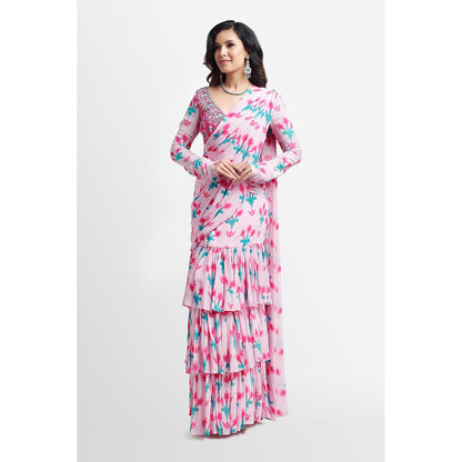 Nikkie J Mysha Printed Embellished Pre Drape Saree with Stitched Blouse