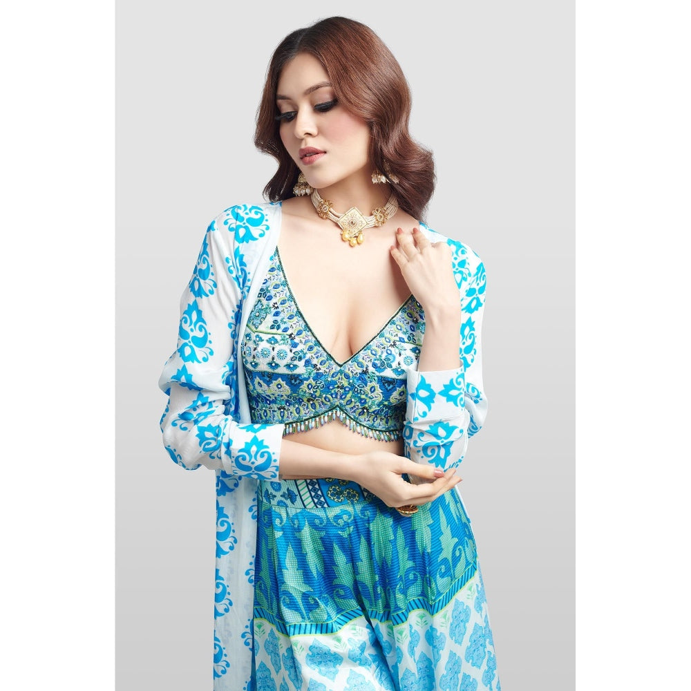 Nikkie J Amara Printed Embellished Blouse with Lehenga and Jacket (Set of 3)