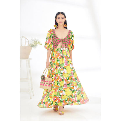 Nikasha Multi-Color Hand Painted Banana Fruit Print Cut Out Dress