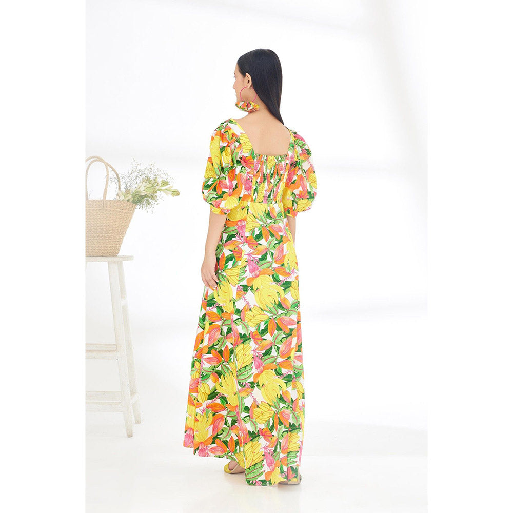 Nikasha Multi-Color Hand Painted Banana Fruit Print Cut Out Dress