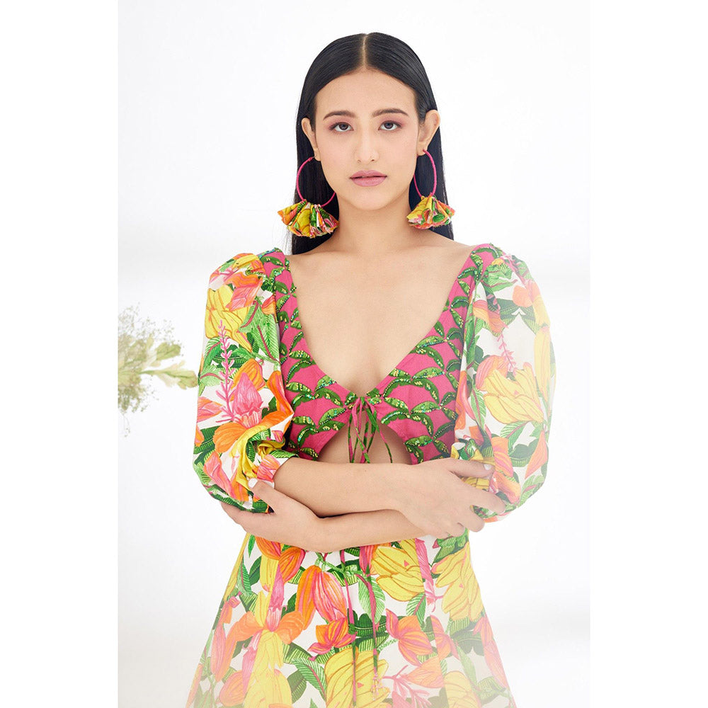 Nikasha Multi-Color Hand Painted Banana Fruit Print Cut Out Dress