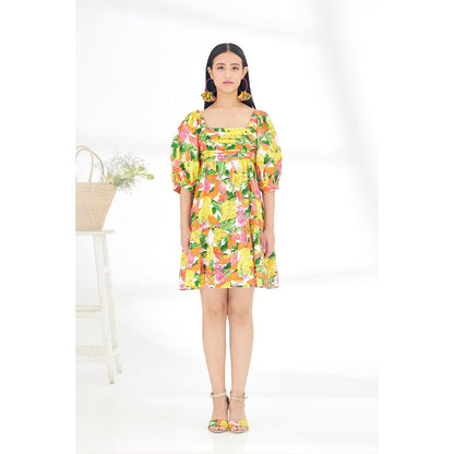 Nikasha Multi-Color Hand Painted Banana Fruit Print Balloon Sleeve Dress