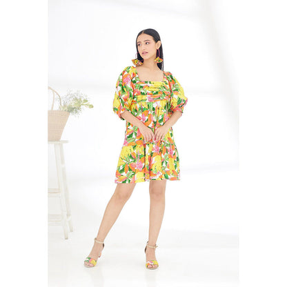 Nikasha Multi-Color Hand Painted Banana Fruit Print Balloon Sleeve Dress