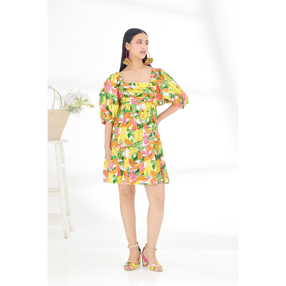 Nikasha Multi-Color Hand Painted Banana Fruit Print Balloon Sleeve Dress