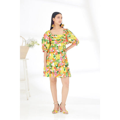 Nikasha Multi-Color Hand Painted Banana Fruit Print Balloon Sleeve Dress