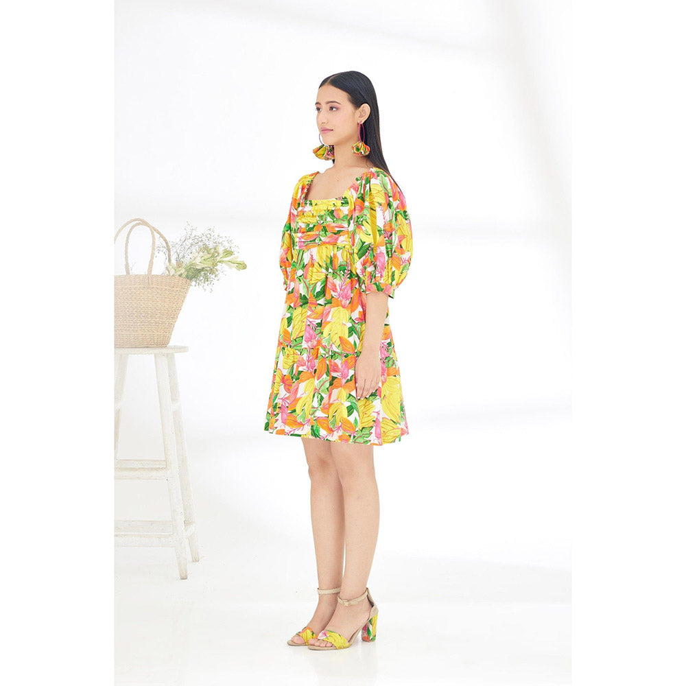 Nikasha Multi-Color Hand Painted Banana Fruit Print Balloon Sleeve Dress
