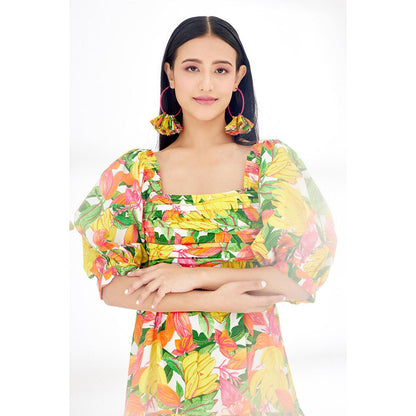 Nikasha Multi-Color Hand Painted Banana Fruit Print Balloon Sleeve Dress