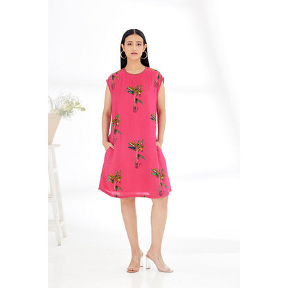 Nikasha Fuchsia Hand Painted Banana Tree Print Shift Dress