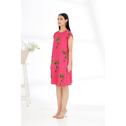 Nikasha Fuchsia Hand Painted Banana Tree Print Shift Dress