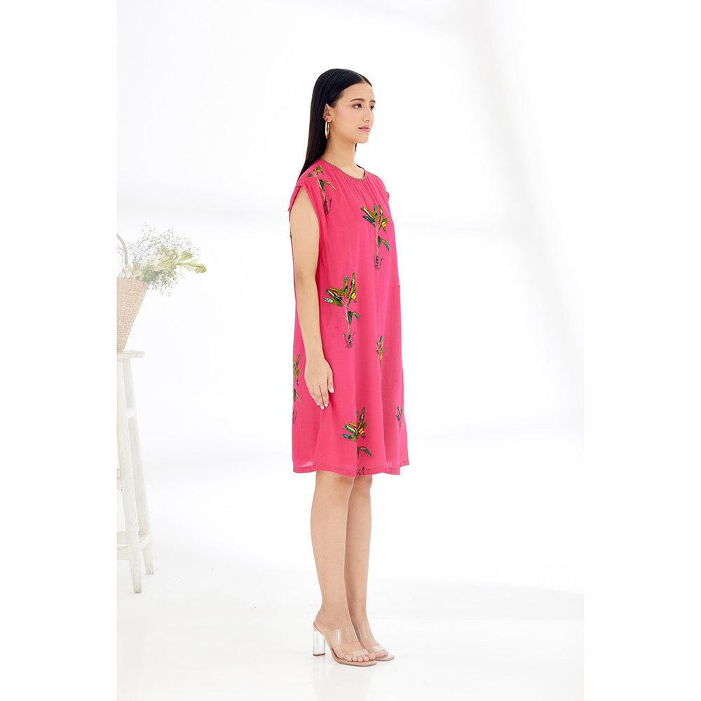 Nikasha Fuchsia Hand Painted Banana Tree Print Shift Dress