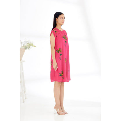 Nikasha Fuchsia Hand Painted Banana Tree Print Shift Dress