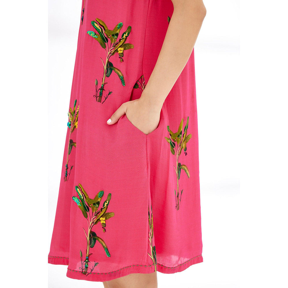 Nikasha Fuchsia Hand Painted Banana Tree Print Shift Dress