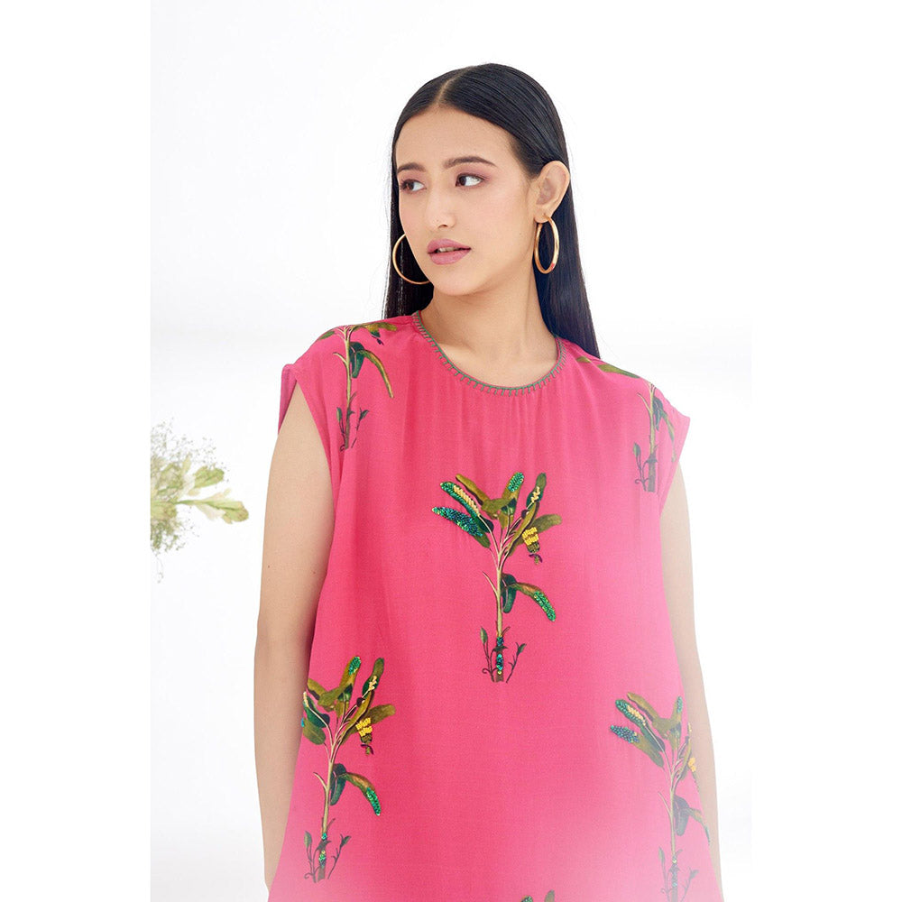 Nikasha Fuchsia Hand Painted Banana Tree Print Shift Dress
