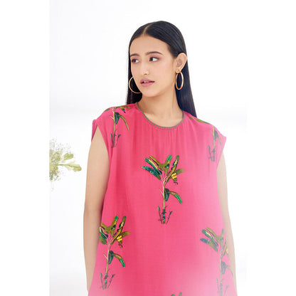 Nikasha Fuchsia Hand Painted Banana Tree Print Shift Dress