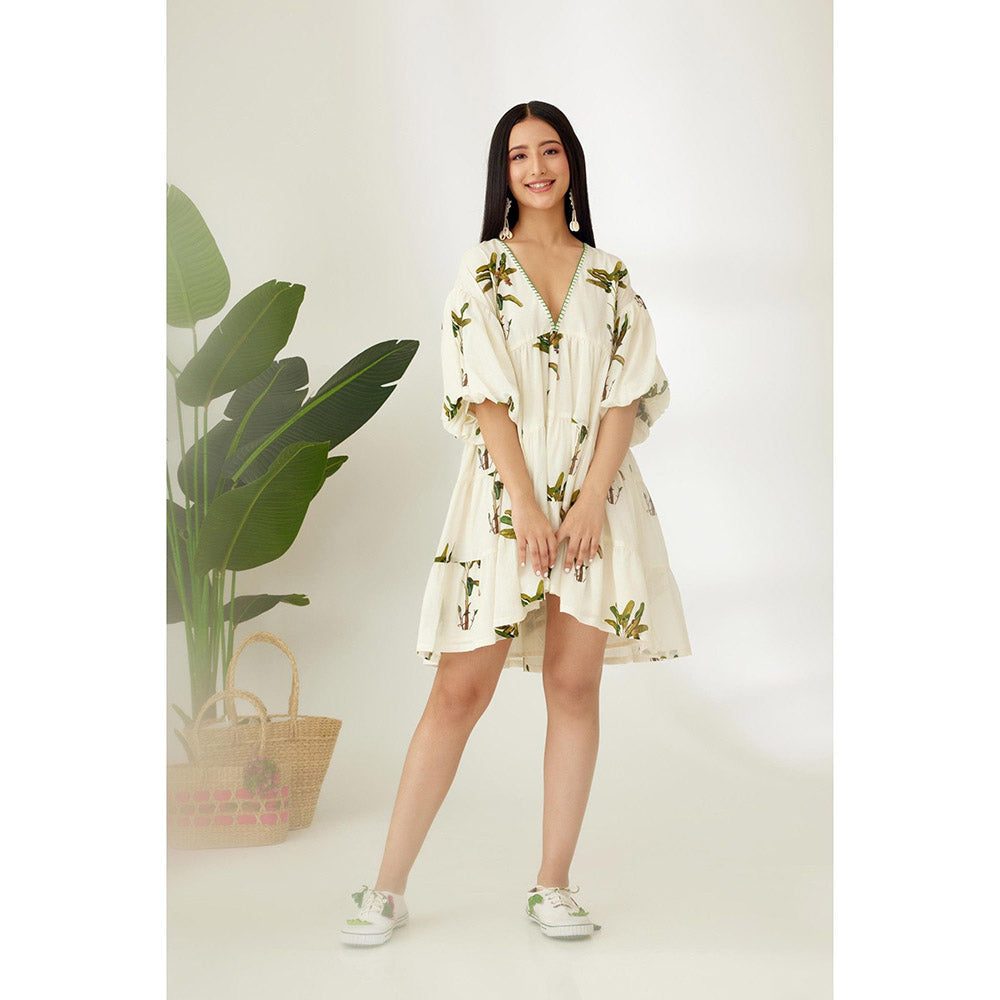 Nikasha Off White Hand Painted Banana Tree Print Tier Dress