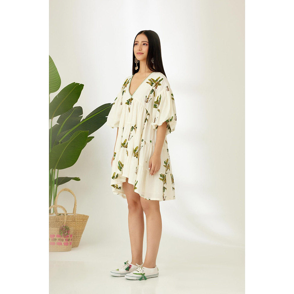 Nikasha Off White Hand Painted Banana Tree Print Tier Dress