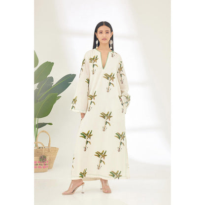 Nikasha Off White Hand Painted Banana Tree Print Maxi Dress