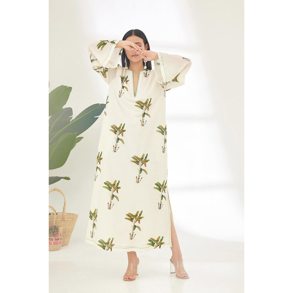 Nikasha Off White Hand Painted Banana Tree Print Maxi Dress