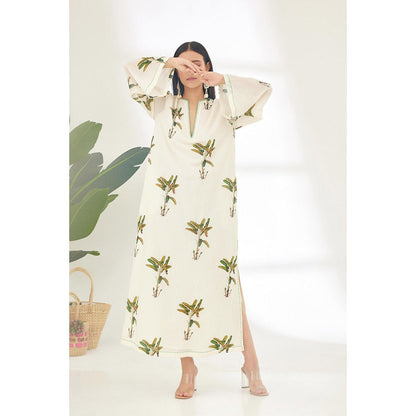 Nikasha Off White Hand Painted Banana Tree Print Maxi Dress