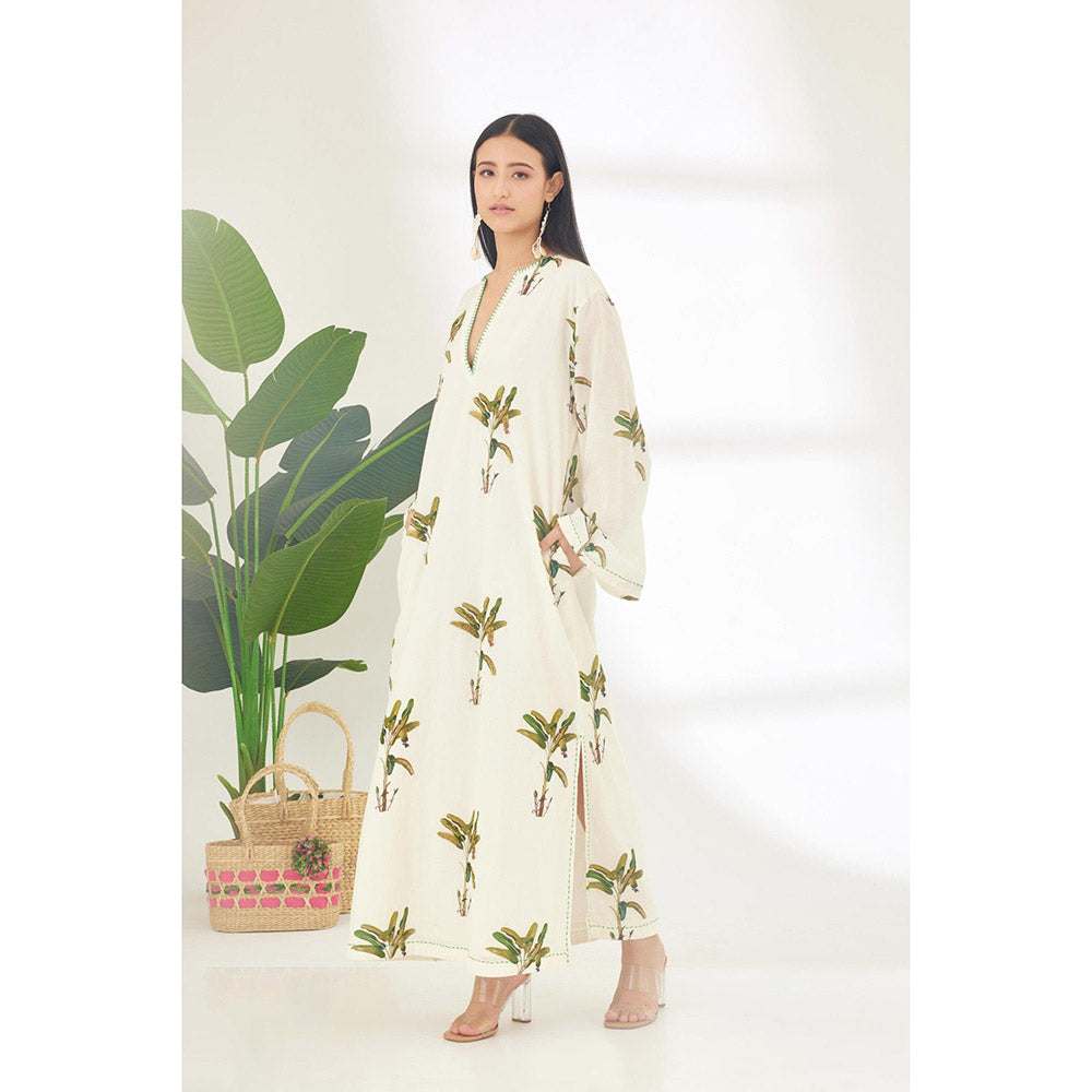 Nikasha Off White Hand Painted Banana Tree Print Maxi Dress
