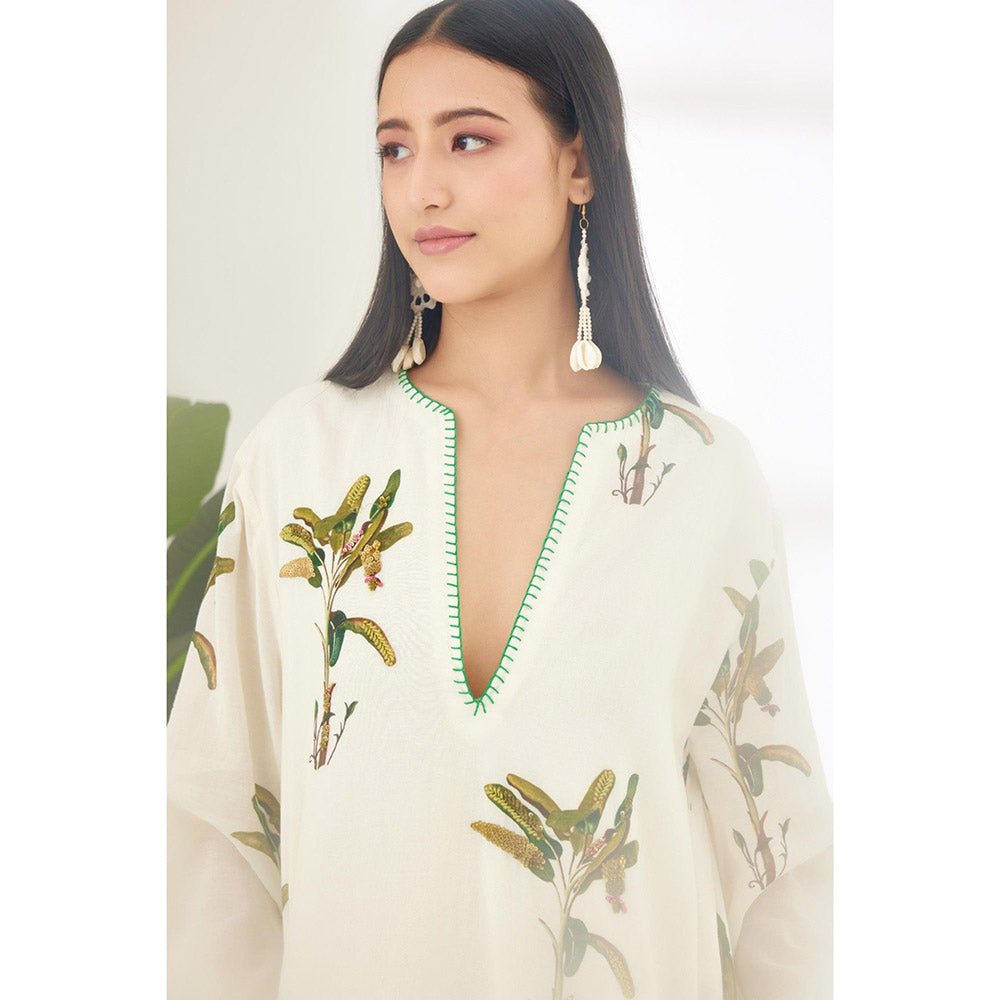 Nikasha Off White Hand Painted Banana Tree Print Maxi Dress