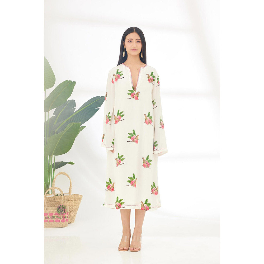 Nikasha Off White Hand Painted Cheetah Print Midi Dress