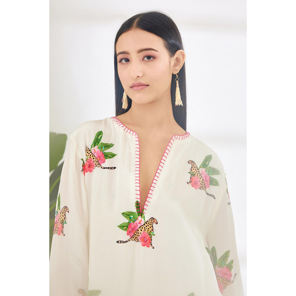 Nikasha Off White Hand Painted Cheetah Print Midi Dress