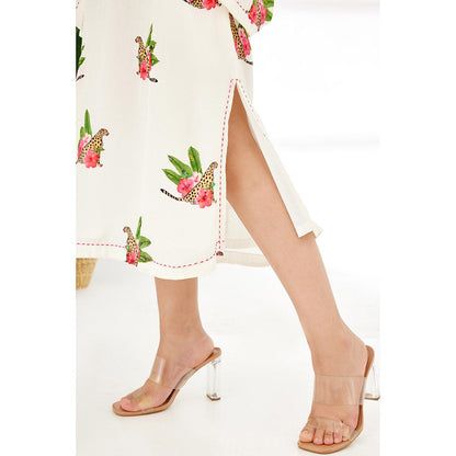Nikasha Off White Hand Painted Cheetah Print Midi Dress